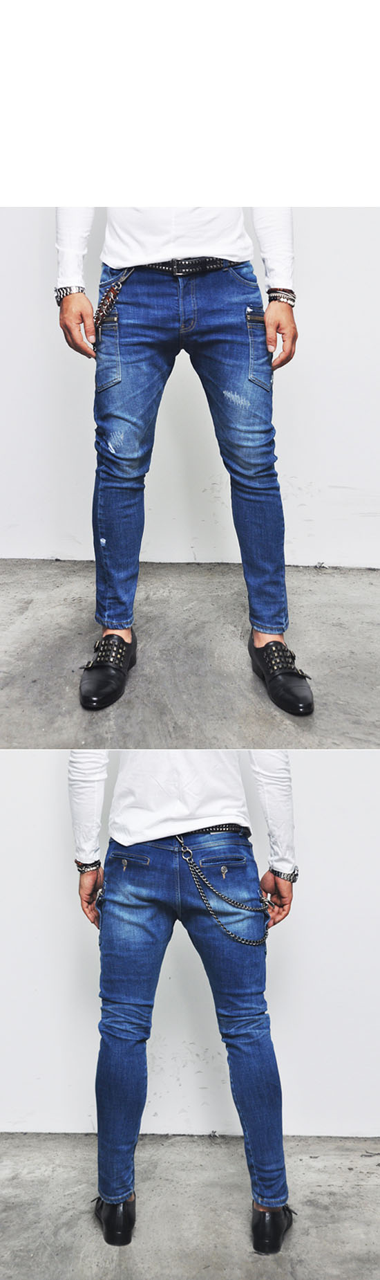 Ankle Length Mens Zippered Cargo Slim Straight Span Denim Blue Jeans by